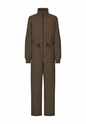 Combinaison marron en matériau léger et résistant à l'eau. Dotée d'un col haut, de poignets élastiques et d'une taille à cordon de serrage pour un ajustement réglable.
