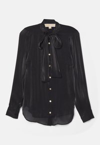 Blusa nera a maniche lunghe realizzata in tessuto setoso con scollo annodato, bottoni dorati e orlo leggermente curvo. Tessuto liscio con una sottile lucentezza.