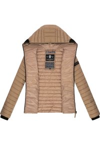 Beige padded jacket with a quilted texture, black accents, removable hood, and a front zipper. Interior features a care label.
