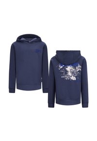 Felpa blu navy con tasca frontale, caratterizzata da una grafica di montagna sulla parte posteriore e testo stampato in blu. Realizzata in tessuto morbido con polsini a costine.