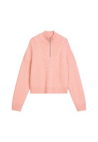 Pull en tricot rose à motif en chevrons, col montant côtelé, demi-fermeture éclair avec tirette en anneau, manches longues, et bords côtelés.