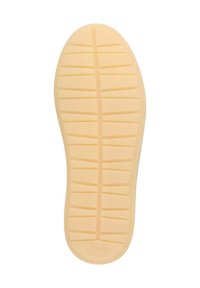 Semelle de chaussure en caoutchouc de couleur beige clair avec une surface texturée, présentant des rainures horizontales et verticales pour l'adhérence et la flexibilité. Taille 37 indiquée.