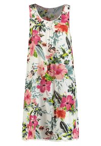 Vestido sin mangas de tela ligera, que presenta flores rosas y naranjas, hojas verdes y pequeños detalles de flamencos sobre un fondo blanco.
