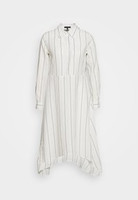 Abito camicia a righe bianche con colletto, maniche lunghe e orlo irregolare. Realizzato in tessuto leggero, presenta righe verticali grigie.