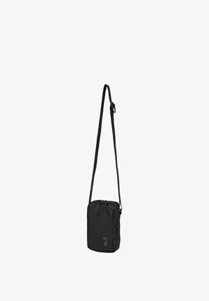 Compact black crossbody bag with adjustable strap, zippered main compartment, and small logo on front bottom right.