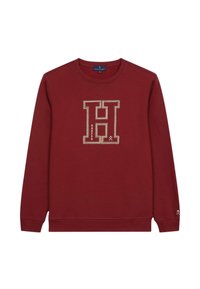 Bordowy sweter z długimi rękawami, okrągłym dekoltem i wyszywanym logo "H" w beżu. Teksturowana tkanina z prążkowanymi mankietami i dołem.