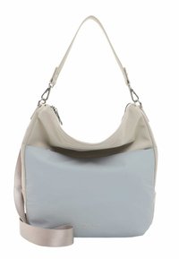 Bolso hobo en sintético de color gris claro y beige, con un diseño de parte superior curvada, cierre de cremallera y correa ajustable. Logo de la marca grabado en la parte frontal.