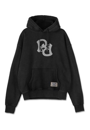 Black hoodie made of cotton with a drawstring, front kangaroo pocket, and a prominent grey logo. Features ribbed cuffs and hem.