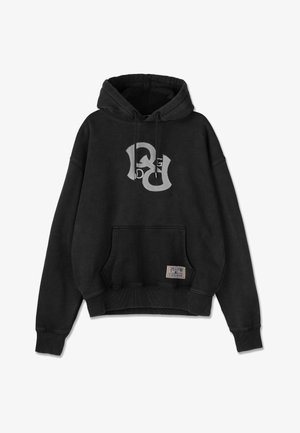 Schwarzer Hoodie aus Baumwolle mit Kordelzug, frontaler Kängurutasche und einem auffälligen grauen Logo. Mit gerippten Bündchen und Saum.