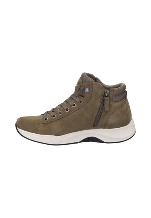 Brown suede high-top shoes with a white sole, featuring metal eyelets, a side zipper, and textured fabric accents on the collar.
