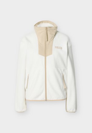 Crème- en beige fleecejack met hoge kraag, ritssluiting aan de voorkant, ritssluitbare zijzakken en Columbia-logo op de borst.