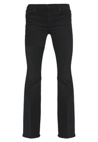 Svarta denimjeans med rak bendesign, med knappstängning, fem fickor och en något blekt textur.