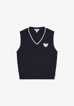 Mørkeblå, strikket, ærmeløs sweater med V-udskæring, med hvid kant og en bjørn-emblem foran. Blød tekstur, afslappet design.