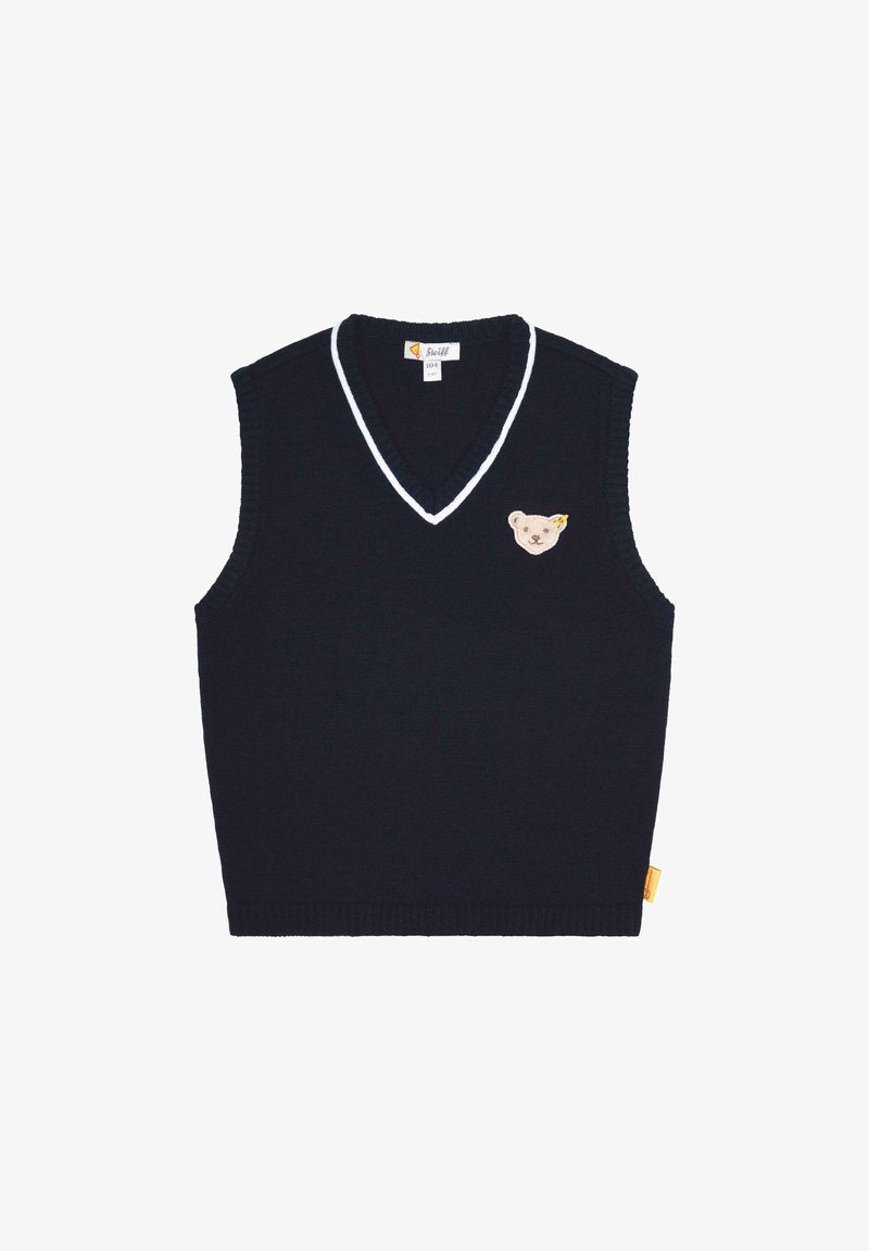 Pull sans manches en tricot bleu marine avec un col en V, orné d'une bordure blanche et d'un emblème d'ours à l'avant. Texture douce, design décontracté.