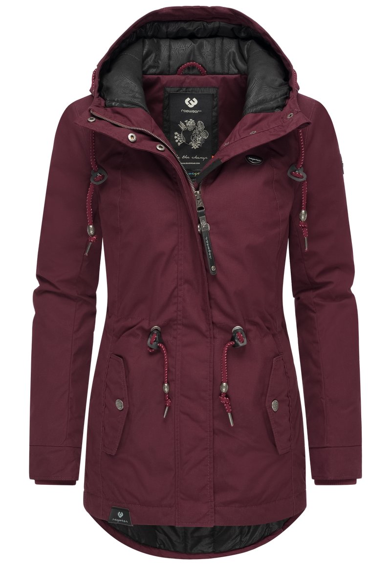 Burgundy women's jacket with a zippered front, adjustable drawstrings at the hood and waist, and two side pockets. Lined interior.