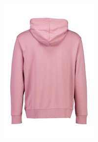 Sudadera rosa con una textura suave, que cuenta con capucha ajustable, mangas largas y un dobladillo y puños acanalados. La vista trasera no muestra detalles adicionales.