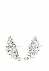 Orecchini a bottone in argento con gruppi di strass trasparenti tondi in un design simile a foglie, che evidenziano una finitura metallica lucida.