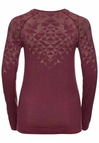 Burgundy long-sleeve shirt featuring a textured geometric pattern on the back, made of soft fabric with a rounded neckline and fitted design.