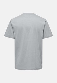 Hellgraues T-Shirt mit kurzen Ärmeln aus weichem Stoff. Verfügt über einen Rundhalsausschnitt und einen geraden Saum. Keine sichtbaren Drucke oder Muster.