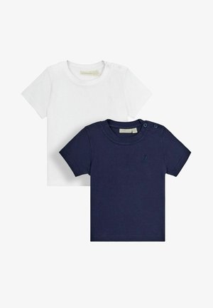 To korte t-shirts med korte ærmer: en hvid og en marineblå. Begge er i bomuld, har en rund halsudskæring og et lille logo-detalje.