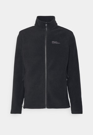 Black fleece jacket with a high collar, full front zipper, and two side pockets. Features a logo on the upper left side. Soft texture.