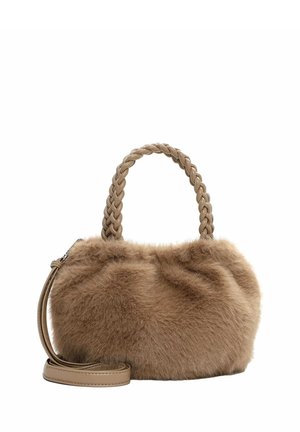 Faux fur handbag in light brown with braided handle and adjustable strap. Soft texture and rounded shape, accented with a zip closure.
