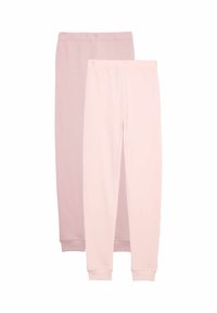 Dos pares de pantalones de chándal: uno en rosa claro y otro en rosa suave. Ambos tienen una textura acanalada y cinturas elásticas con puños en los tobillos.