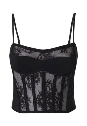 Bustier in pizzo nero e satin con spalline regolabili, corpetto strutturato, pannelli in pizzo trasparente e una cucitura decorativa sotto il seno.