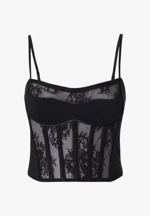 Bustier in pizzo nero e satin con spalline regolabili, corpetto strutturato, pannelli in pizzo trasparente e una cucitura decorativa sotto il seno.