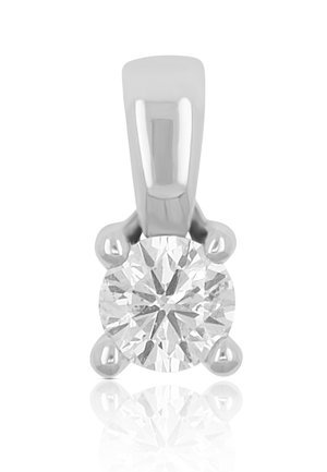 Pendente con diamante rotondo e montatura in argento lucido. Il diamante è sostenuto da quattro griffe, con una superficie riflettente.