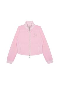 Jasnoróżowa polarowa kurtka z pełnym zamkiem z przodu, stojącym kołnierzem, długimi rękawami, dwoma bocznymi kieszeniami oraz małym logo z kryształkami na klatce piersiowej.