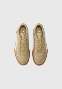 Beige sneakers med overdel af ruskind og læder, rund tå, tonede snørebånd og gummigummi sål. Har guldaccentbranding.