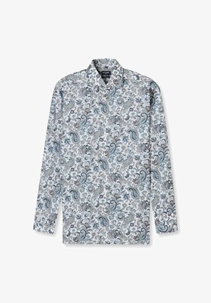 Langärmeliges Hemd in Weiß mit einem blau-grauen Paisley-Muster, ausgestattet mit einem Stehkragen und weicher Stoffstruktur.