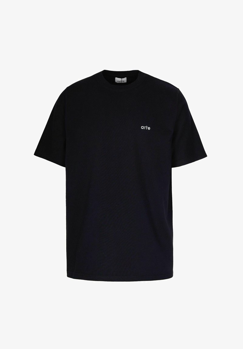T-shirt nera in cotone, con scollatura rotonda e maniche corte. Piccolo logo bianco "arte" sul lato sinistro del petto. Design semplice.