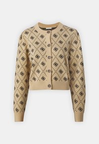 Cárdigan de punto beige con patrón de diamantes negros y logo, con cuello redondo, mangas largas y cierre frontal de cinco botones.