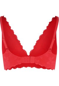 Rode draadloze bh met kantafwerking, plunge halslijn en verstelbare bandjes. Gladde textuur met een haak- en oogsluiting aan de achterkant.