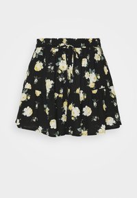 Černá květinová sukně s žlutými růžemi, stahovací elastický pas, šňůrkové detaily, vrstvený volánkový design, lehký materiál.