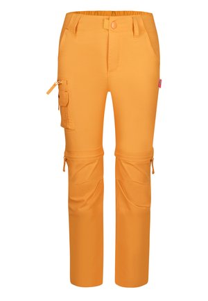 Cargo-Hosen in leuchtendem Orange, aus leichtem Stoff gefertigt. Mit seitlichen Reißverschlusstaschen und Reißverschlüssen an den Bündchen, was ein funktionales Design bietet.