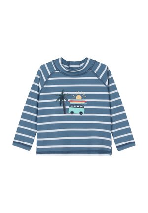 Blauw-wit gestreept shirt met lange mouwen en een afbeelding van een palmboom, zon, surfplank en busje aan de voorkant.