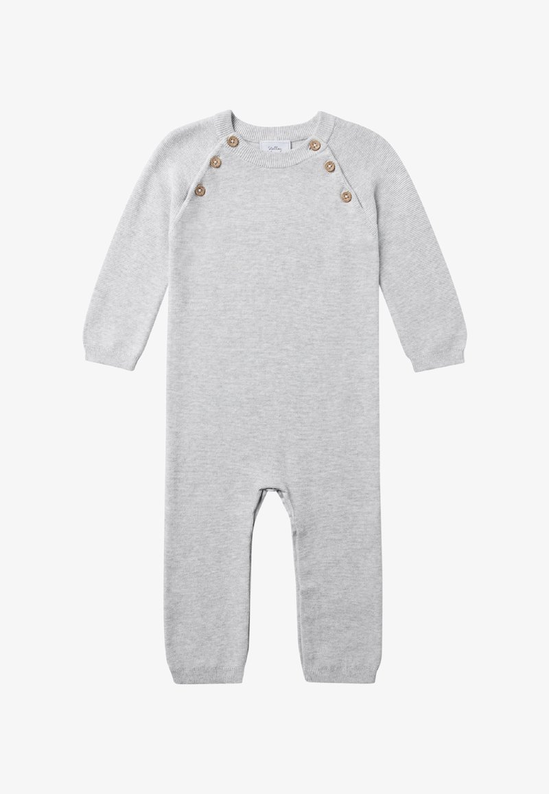 Grijze gebreide rompertje met lange mouwen, met houten knoopaccenten op de schouder en geribbelde manchetten. Zacht, gestructureerd stof.