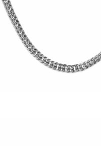 Zilveren kettinghalsketting met een schakelsysteem, met een glad, reflecterend oppervlak en een licht gedraaide, flexibele uitstraling.