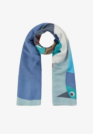 Blaue und türkisfarbene gemusterte Schal aus weichem Stoff, mit abstrakten Formen und einem Design mit Vogelmotiv. Die Kanten sind sauber verarbeitet.
