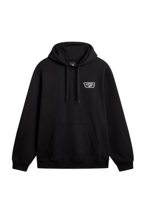 Schwarzer Kapuzenpullover mit Front-Kängurutasche und kleinem weißen Vans-Logo auf der linken Brust.