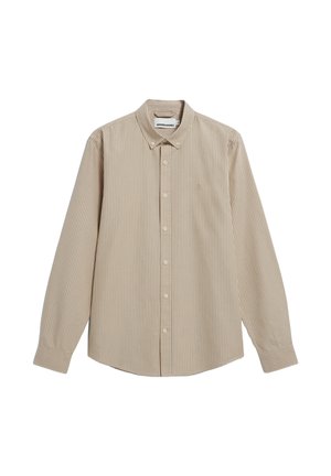 Beige overhemd met lange mouwen, verticale witte strepen, knoopsluiting bij de kraag en een klein logo op de linkerborst. Gemaakt van katoen.