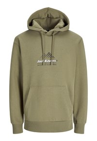 Olive green hoodie made of soft fabric; features a kangaroo pocket, ribbed cuffs, and a graphic logo with mountain design on the front.
