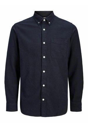 Camicia da uomo a maniche lunghe di colore blu navy con taschino sul petto e colletto con bottoni.