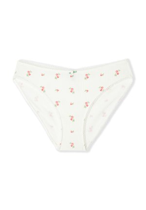 White women's bikini briefs with small pink rose prints and a tiny green bow at the center waistband on a white background.