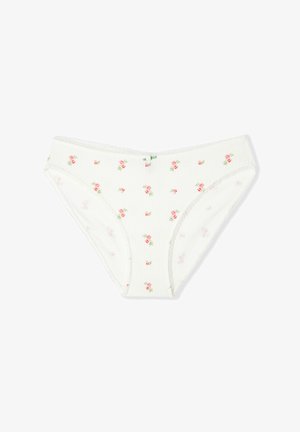 Slip bikini da donna bianco con piccole stampe di rose rosa e un piccolo fiocco verde al centro della vita su sfondo bianco.