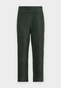 Pantaloni in corduroy verde scuro con vita aderente, gambe dritte e texture a righe verticali. Design semplice senza hardware o dettagli visibili.