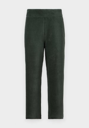 Dark green corduroy pants with a fitted waist, straight legs, and vertical ribbed texture. Simple design with no visible hardware or accents.